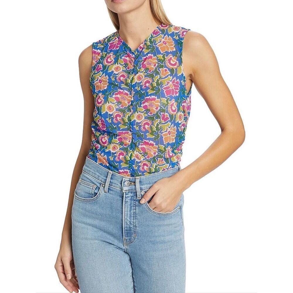 Veronica Beard Tazmin Ruched Floral Mesh Top | Blue in 2